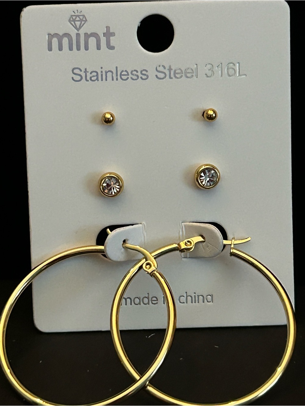 BUY 1 GET 1 Gold Tone Hoop & Crystal Stud Earring Set of 3 Stainless Steel